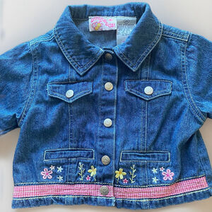 Vintage 90s JitterBugs! Denim Jacket Embroidered Flowers & Pink Gingham Trim 2T‎